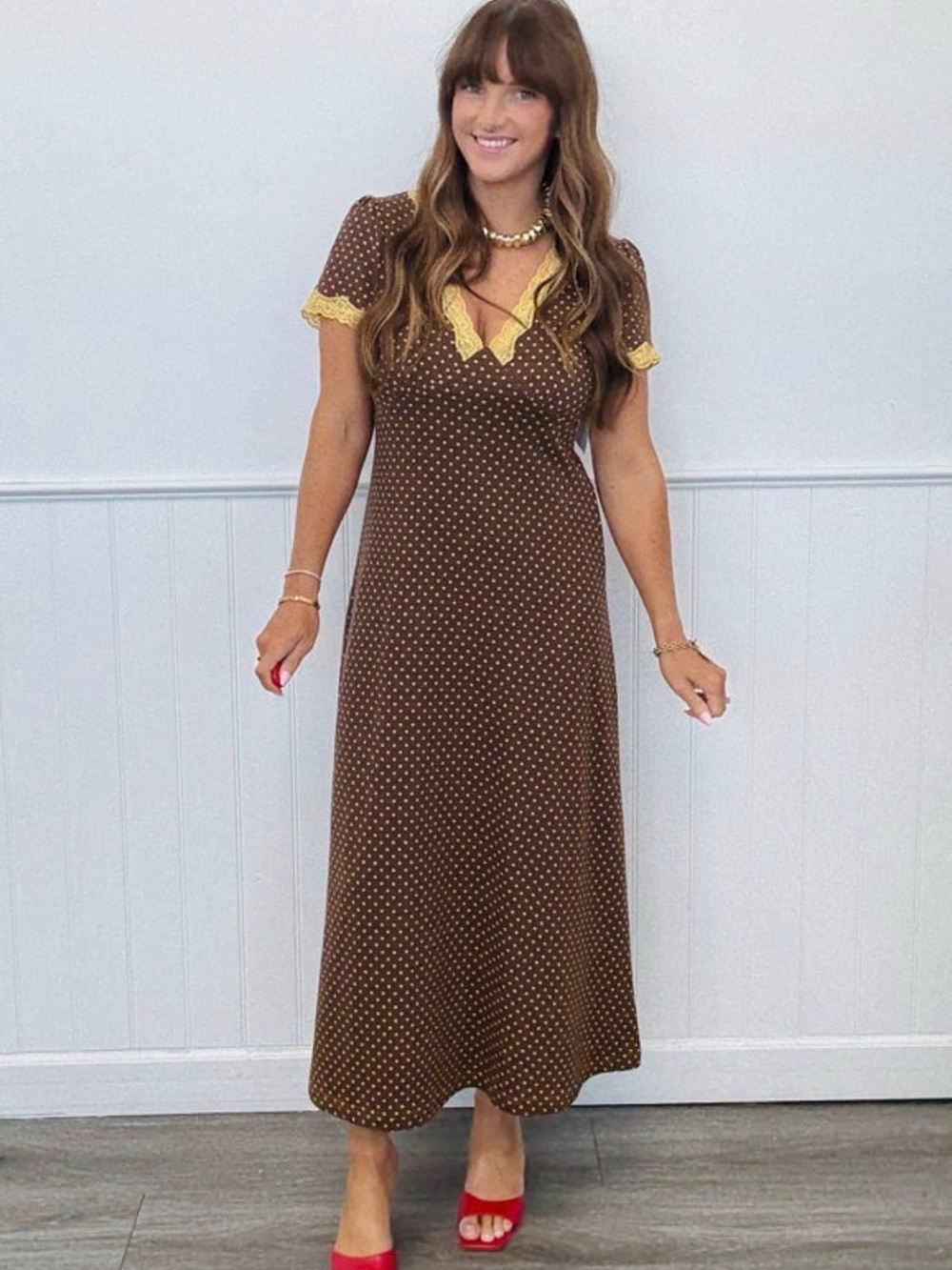 Brown polka dot lace midi dress size small new in package